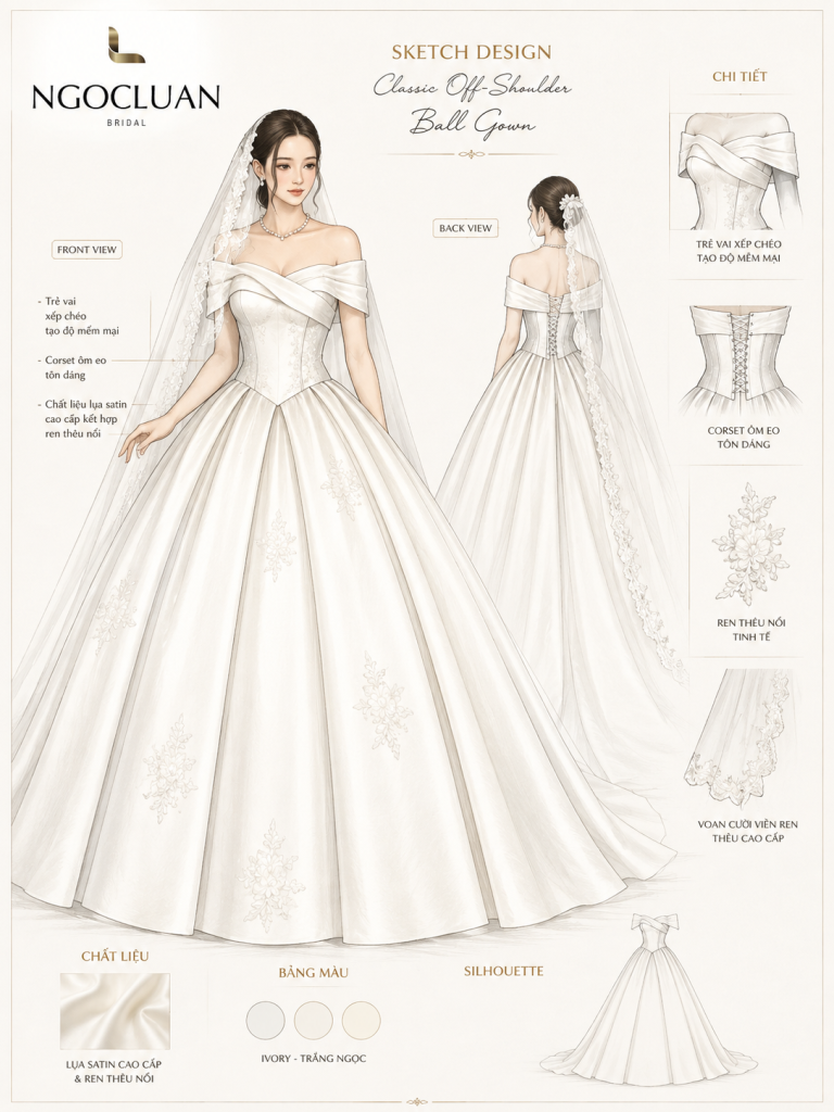 Khám phá thiết kế váy cưới trễ vai Classic Off-Shoulder Ball Gown từ NGOCLUAN BRIDAL. Chất liệu lụa satin, corset siết eo tôn dáng và ren thêu nổi tinh tế – khúc ca tình yêu dành riêng cho nàng.