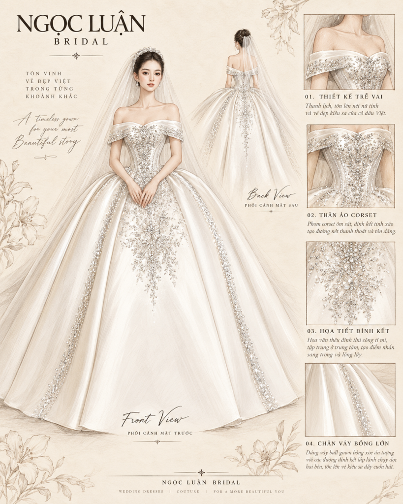Váy cưới trễ vai đính kết tại Ngọc Luận Bridal nổi bật với thân corset và tùng xòe lớn. Khám phá mẫu váy, cách phối phụ kiện và đặt lịch thử tại Cao Lãnh.